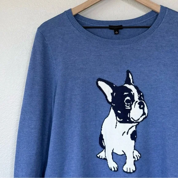 TALBOTS L French Bulldog Crewneck Pullover Sweater Frenchie Parisian French Blue - Picture 2 of 11